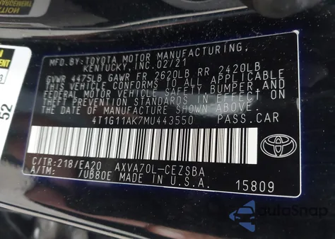 2021 Toyota Camry Se из США, поврежденный, VIN 4T1G11AK7MU443550